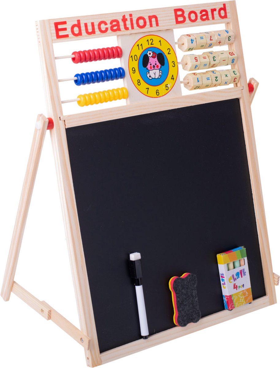 Dubbelzijdig Magnetisch Schoolbord met Houten Klok – LET OP AFMETING 42x32,5 cm – Educatief Speelgoed - Whiteboard -Krijtbord