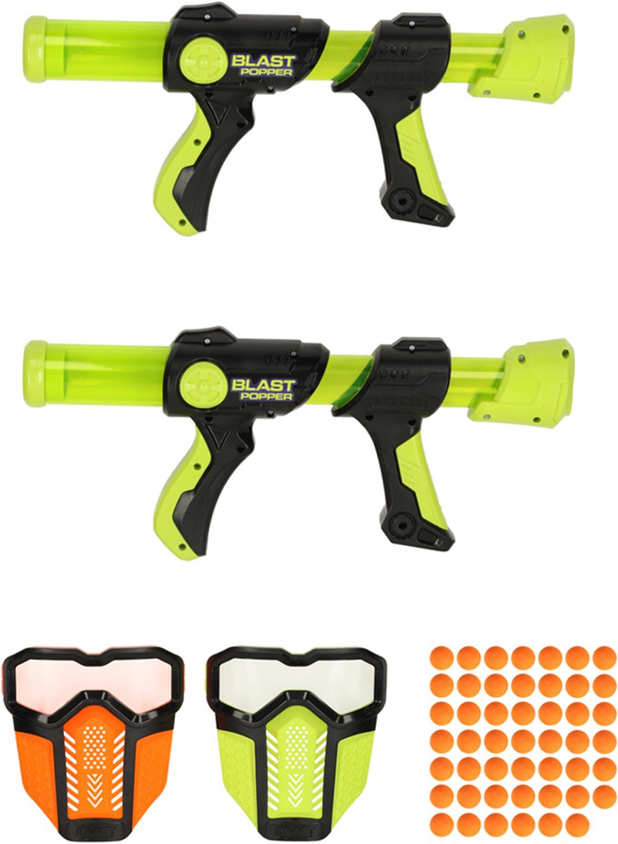 2 Delige Foam Ball Blaster Set voor Kinderen – 48 Foam Balls + 2 Beschermmaskers | Veilig Speelgoed Pistool 6+