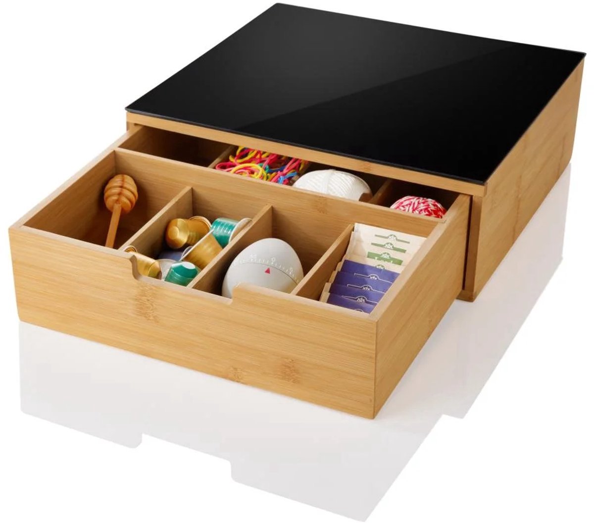 LIVARNO Hoogwaardige Bamboe Glas Home Opbergbox, 8 vakken, met Uittrekstop Afmetingen: 31,5 x 30 x 10,8 cm,Anti-Slipvoetje, overzichtelijke Opbergruimte voor Theezakje, Koffiecapsules etc