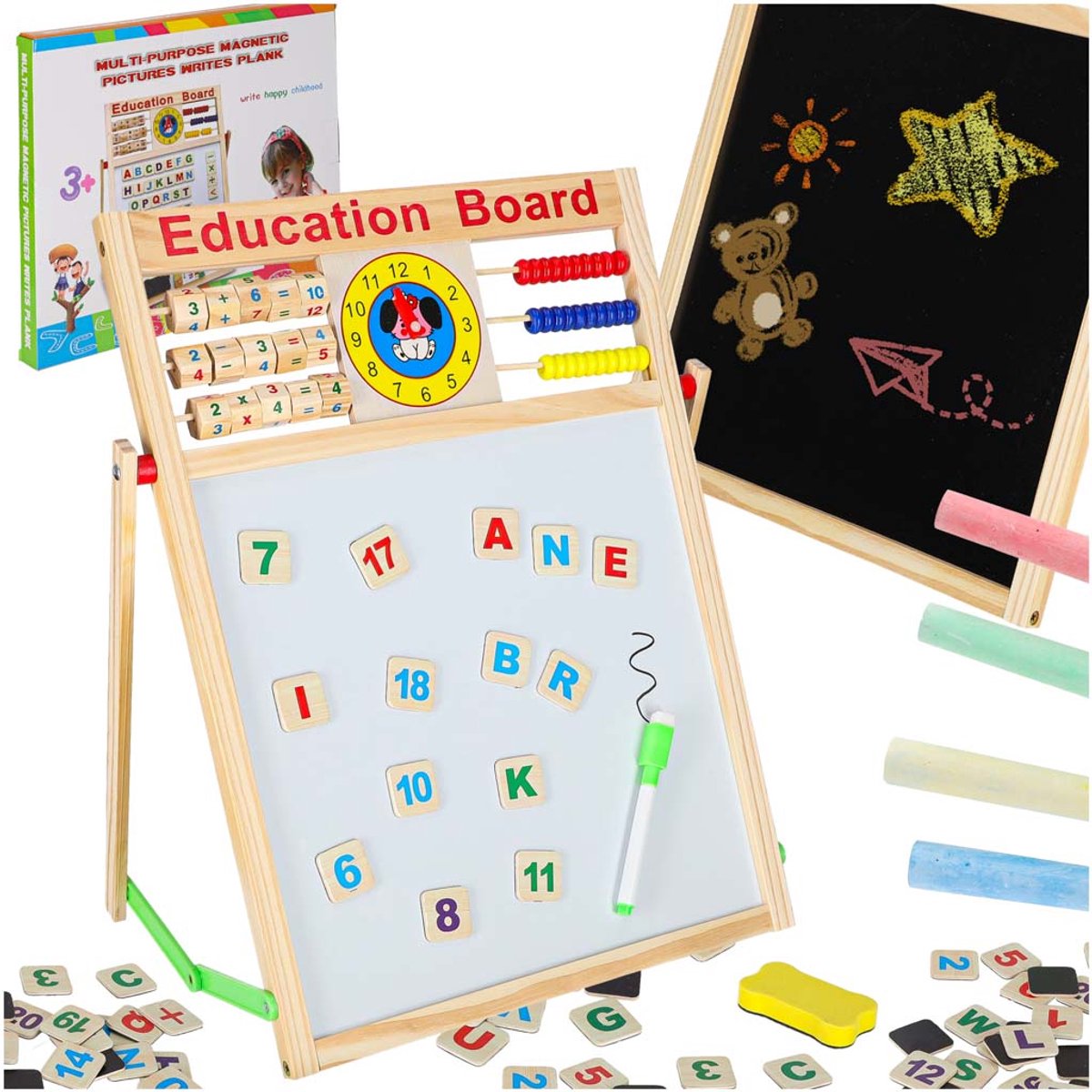 Dubbelzijdig Magnetisch Schoolbord met Houten Klok – LET OP AFMETING 42x32,5 cm – Educatief Speelgoed - Whiteboard -Krijtbord