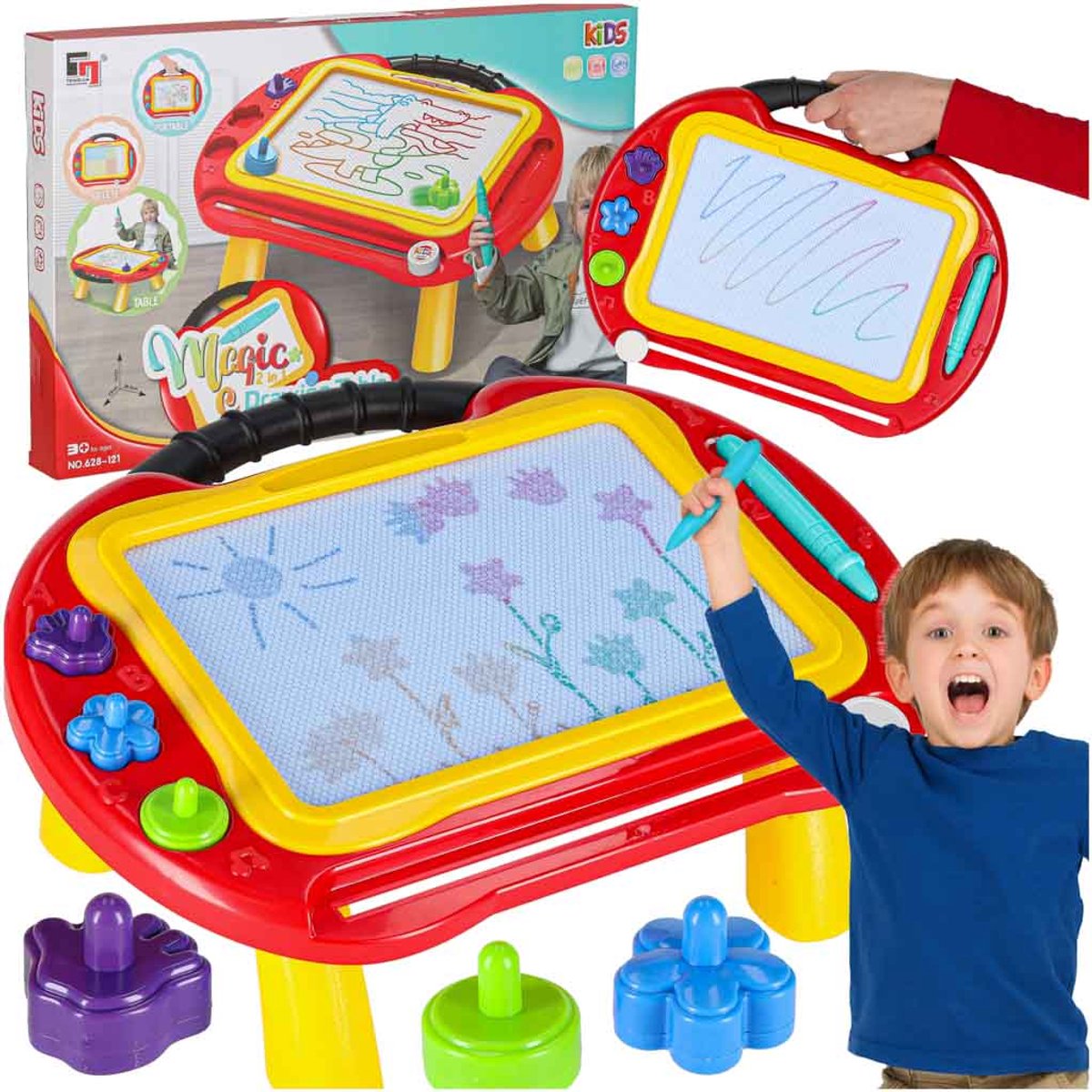 Magnetische 2-in-1 Educatieve en Teken tafel- Tekenbord– Met Magische Wisbare Pen, Stempels en 4-Kleuren Bord (3+ Jaar)