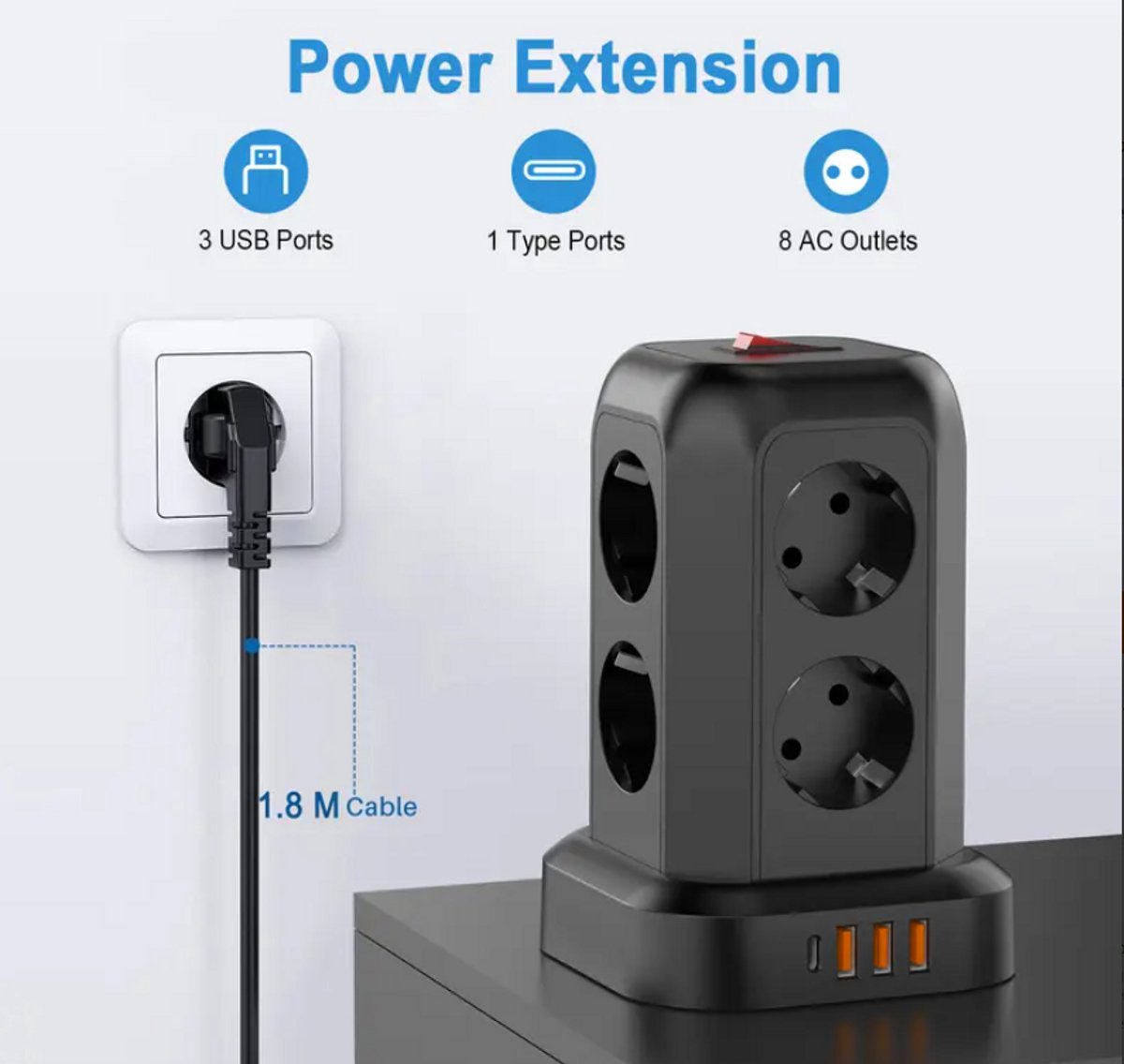 Multi-Stekkerdoos Distributeur,  Uitbreidingsadapter met 8 Stopcontacten, 3 USB-poorten 1 USB-C, Snoerlengte 1.80M, Zijdoos Wandoplader Essentieel voor Cruisen, Reizen, Kantoor en Studentenkamer