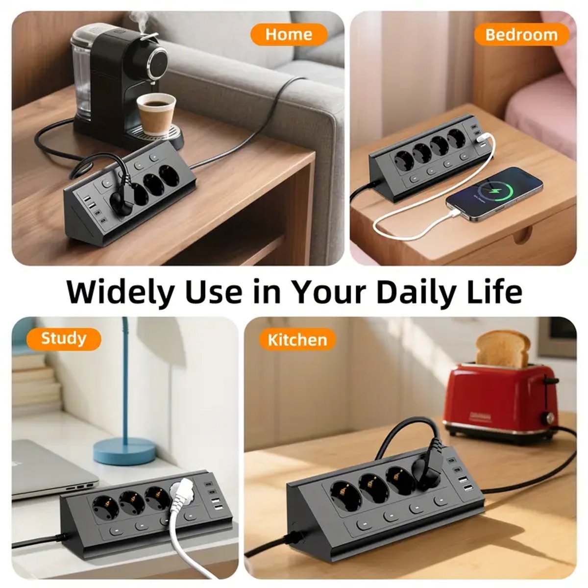 Stijlvol 8 in 1 Stekkerdoos met 4 AC-aansluitingen, 2 USB-A-poorten en 4 USB-C-poorten, met een schakelaar, voorzien van een 1.8meter kabel, geschikt voor thuis, op kantoor, in de keuken