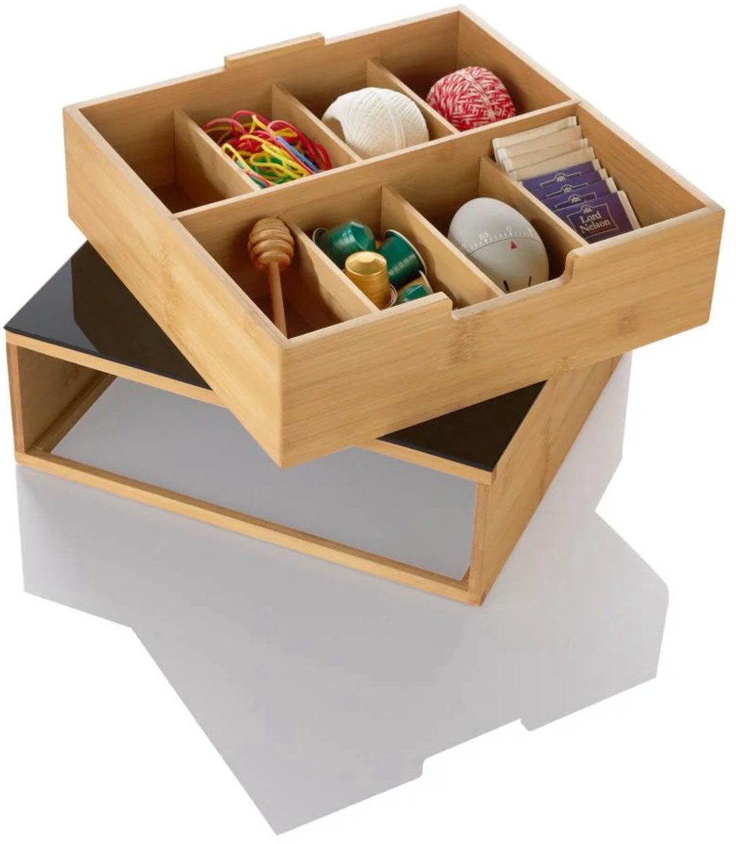 LIVARNO Hoogwaardige Bamboe Glas Home Opbergbox, 8 vakken, met Uittrekstop Afmetingen: 31,5 x 30 x 10,8 cm,Anti-Slipvoetje, overzichtelijke Opbergruimte voor Theezakje, Koffiecapsules etc