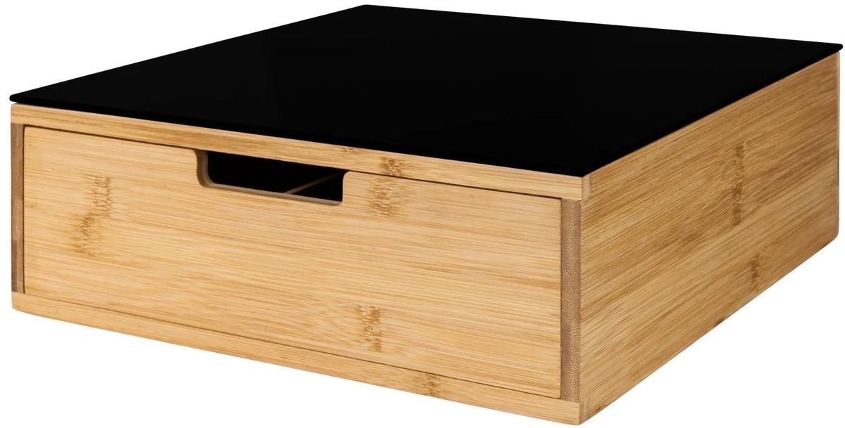 LIVARNO Hoogwaardige Bamboe Glas Home Opbergbox, 8 vakken, met Uittrekstop Afmetingen: 31,5 x 30 x 10,8 cm,Anti-Slipvoetje, overzichtelijke Opbergruimte voor Theezakje, Koffiecapsules etc