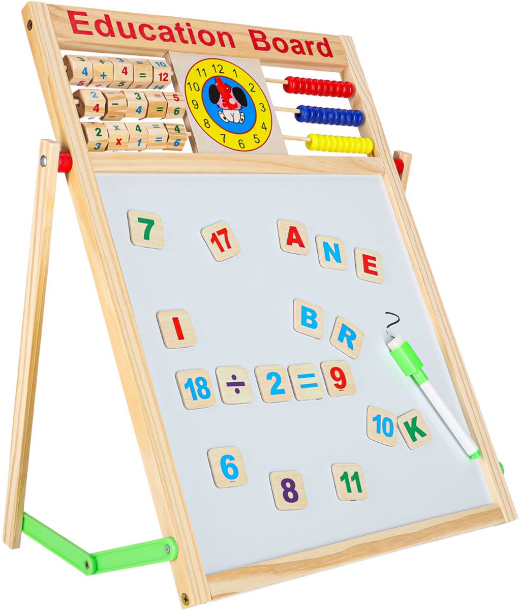 Dubbelzijdig Magnetisch Schoolbord met Houten Klok – LET OP AFMETING 42x32,5 cm – Educatief Speelgoed - Whiteboard -Krijtbord