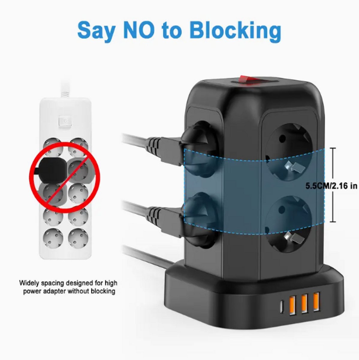 Multi-Stekkerdoos Distributeur,  Uitbreidingsadapter met 8 Stopcontacten, 3 USB-poorten 1 USB-C, Snoerlengte 1.80M, Zijdoos Wandoplader Essentieel voor Cruisen, Reizen, Kantoor en Studentenkamer