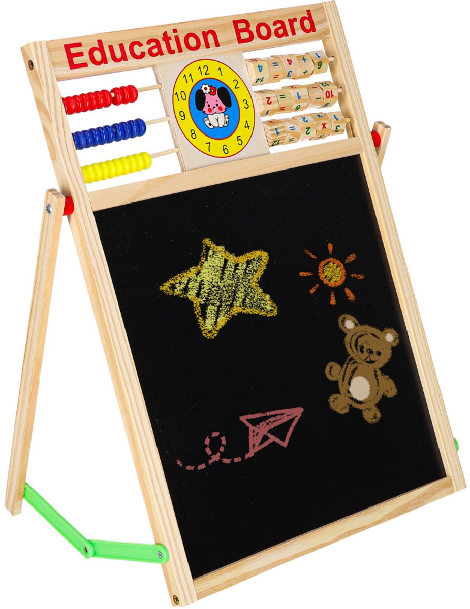 Dubbelzijdig Magnetisch Schoolbord met Houten Klok – LET OP AFMETING 42x32,5 cm – Educatief Speelgoed - Whiteboard -Krijtbord