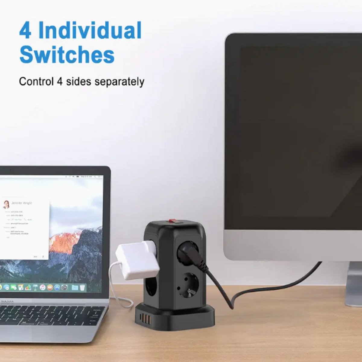 Multi-Stekkerdoos Distributeur,  Uitbreidingsadapter met 8 Stopcontacten, 3 USB-poorten 1 USB-C, Snoerlengte 1.80M, Zijdoos Wandoplader Essentieel voor Cruisen, Reizen, Kantoor en Studentenkamer