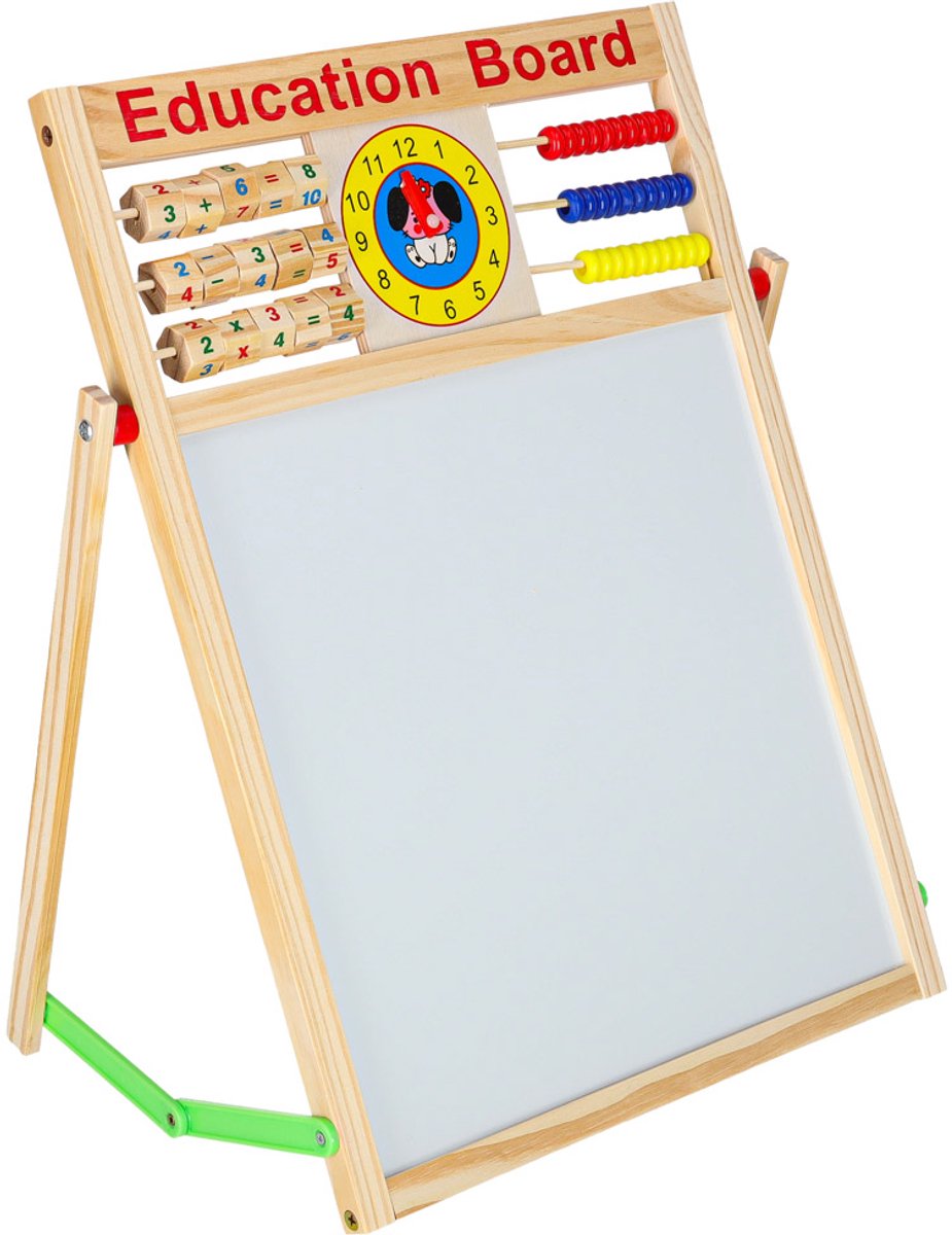Dubbelzijdig Magnetisch Schoolbord met Houten Klok – LET OP AFMETING 42x32,5 cm – Educatief Speelgoed - Whiteboard -Krijtbord