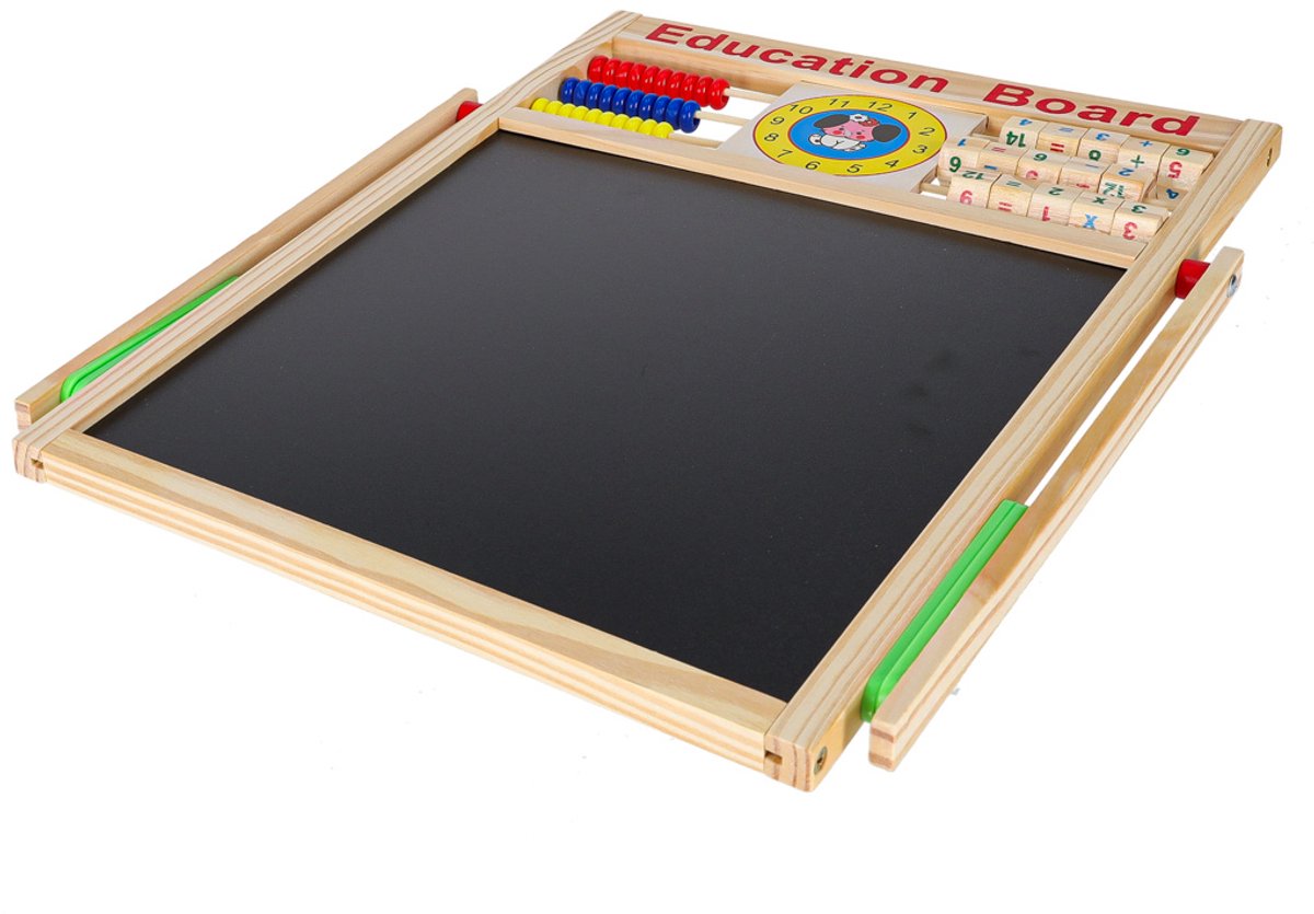 Dubbelzijdig Magnetisch Schoolbord met Houten Klok – LET OP AFMETING 42x32,5 cm – Educatief Speelgoed - Whiteboard -Krijtbord
