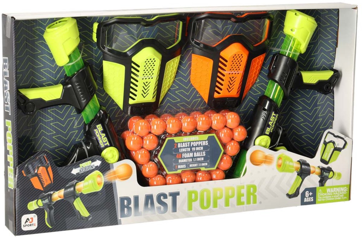 2 Delige Foam Ball Blaster Set voor Kinderen – 48 Foam Balls + 2 Beschermmaskers | Veilig Speelgoed Pistool 6+