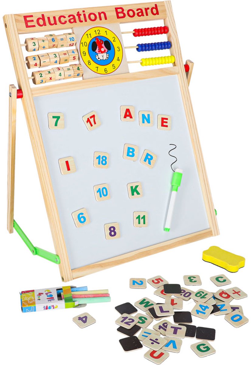 Dubbelzijdig Magnetisch Schoolbord met Houten Klok – LET OP AFMETING 42x32,5 cm – Educatief Speelgoed - Whiteboard -Krijtbord