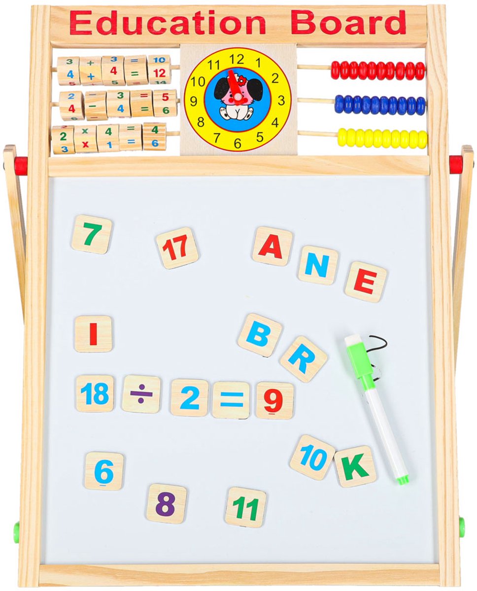Dubbelzijdig Magnetisch Schoolbord met Houten Klok – LET OP AFMETING 42x32,5 cm – Educatief Speelgoed - Whiteboard -Krijtbord