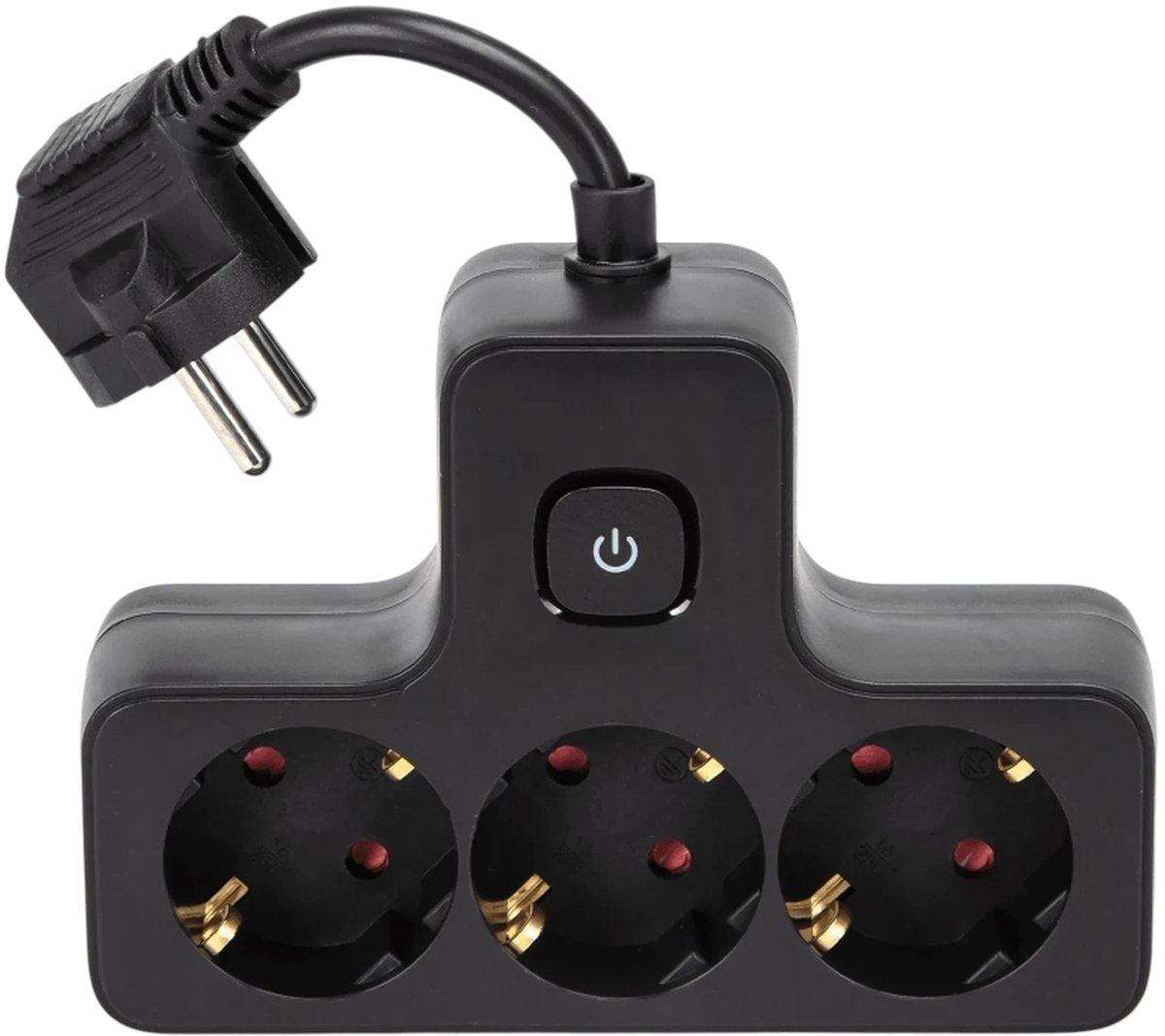 Gratis verzending .Stekkerdoos 3-voudig T-model – Korte Kabel 5 cm – 16A 250V – Max. 3680W – Met Schakelaar – Zwart PP – Binnengebruik