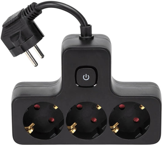 Gratis verzending .Stekkerdoos 3-voudig T-model – Korte Kabel 5 cm – 16A 250V – Max. 3680W – Met Schakelaar – Zwart PP – Binnengebruik