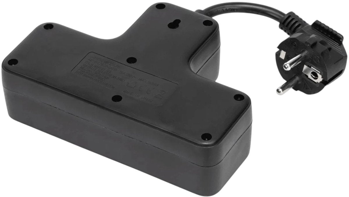 Gratis verzending .Stekkerdoos 3-voudig T-model – Korte Kabel 5 cm – 16A 250V – Max. 3680W – Met Schakelaar – Zwart PP – Binnengebruik