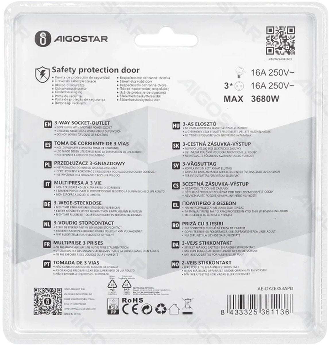 Gratis verzending .Stekkerdoos 3-voudig T-model – Korte Kabel 5 cm – 16A 250V – Max. 3680W – Met Schakelaar – Zwart PP – Binnengebruik