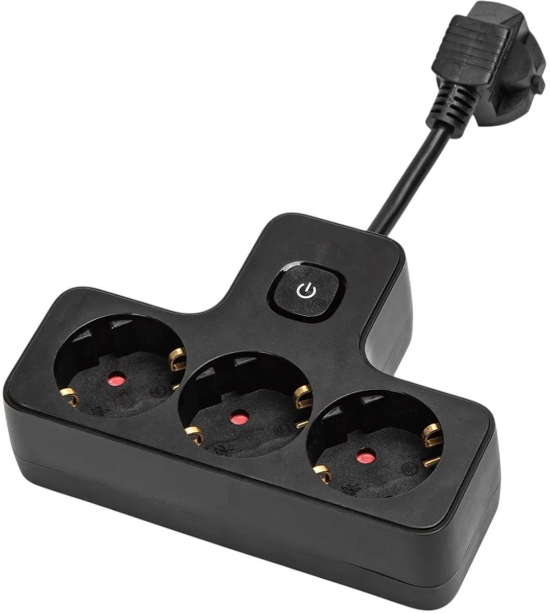 Gratis verzending .Stekkerdoos 3-voudig T-model – Korte Kabel 5 cm – 16A 250V – Max. 3680W – Met Schakelaar – Zwart PP – Binnengebruik